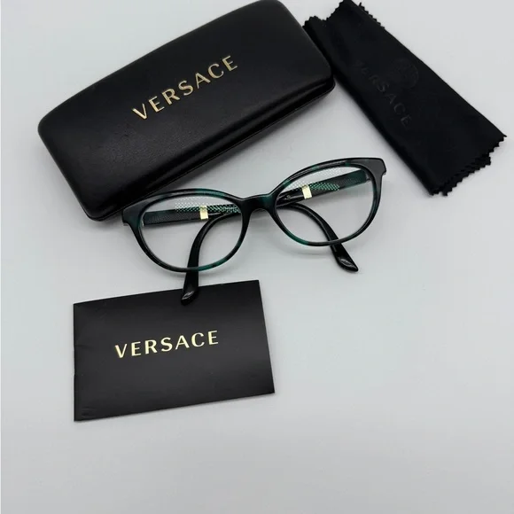 Versace Green and Black Tortoise Shell with Gold and leather Accents Glasses Versace VE3294 108 Cat Eye Tortoise Eyeglasses  main image 4